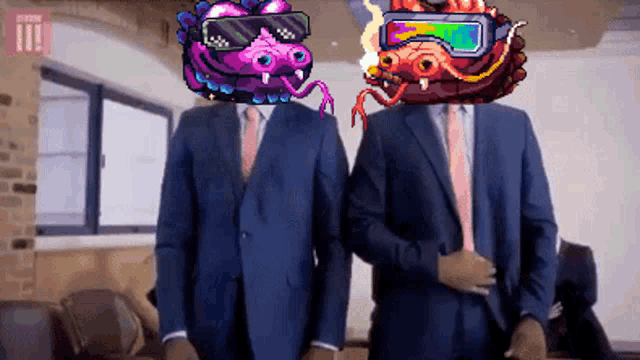 two men in suits and ties are standing next to each other with a cartoon character on their heads