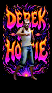 a man in a tank top is dancing in front of a sign that says derek home