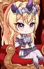a cartoon girl with horns is sitting on a chair holding a cup