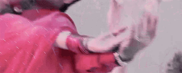 a man in a red shirt is holding a woman in a pink dress .