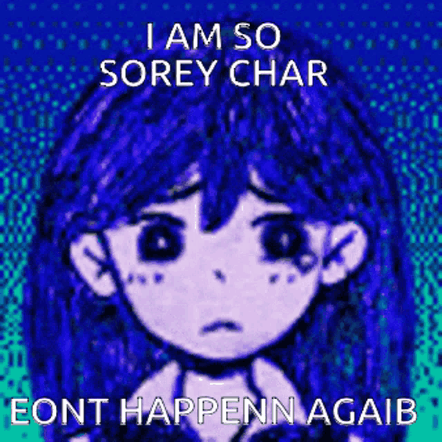 a pixel art of a girl with blue hair says i am so sorey char