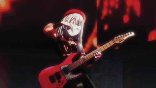 a girl is holding a pink guitar in front of a fire background
