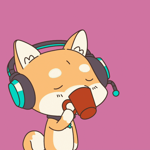 a cartoon dog wearing headphones is drinking from a mug