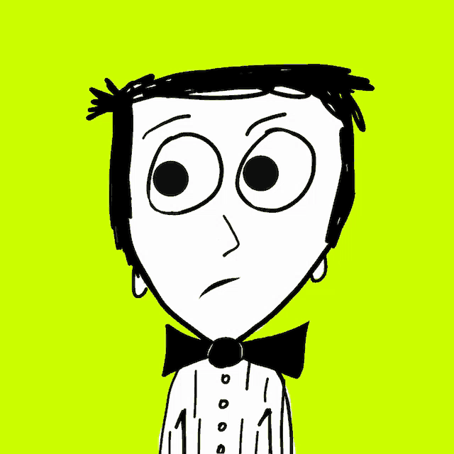 a black and white drawing of a man with big eyes and a bow tie