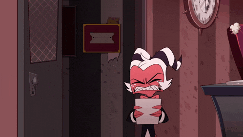 a cartoon character is holding a piece of paper in front of a wall with a clock on it
