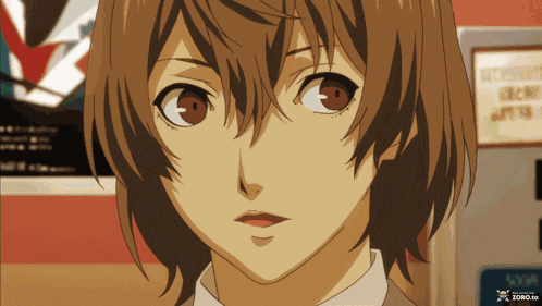 a close up of a person 's face with a sign in the background that says ' tokyo ' on it