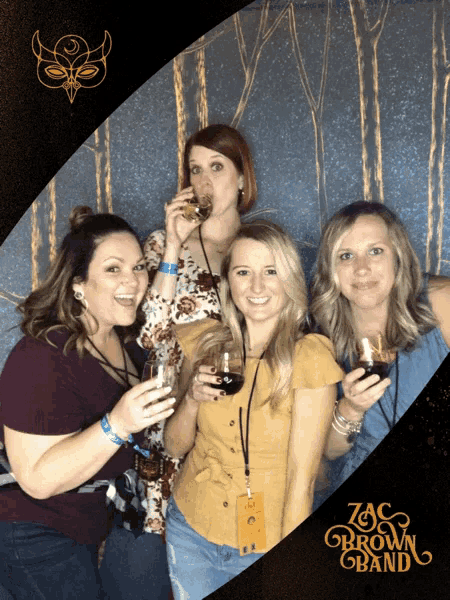 a group of women are posing for a photo in front of a wall that says " zoe brown band "
