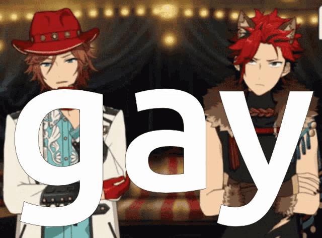 two anime characters are standing next to each other and the word gay is visible