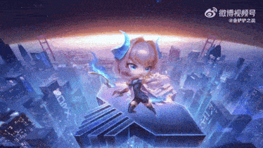 a girl with horns is standing on top of a building with chinese characters on it