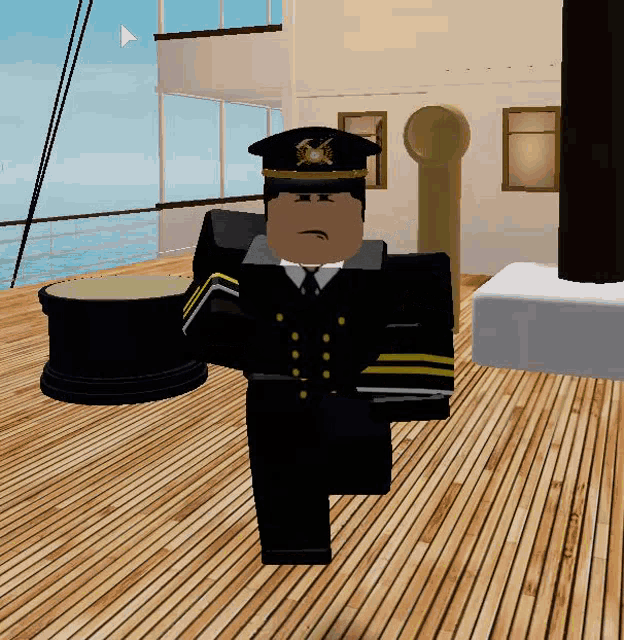 a man in a military uniform is walking on a wooden deck