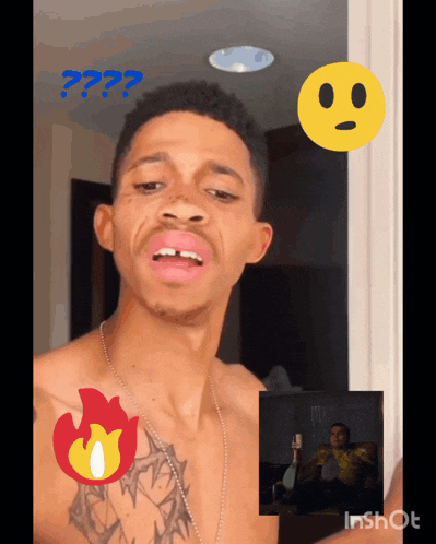 a man without a shirt has a tattoo on his chest and a yellow smiley face with the word inshot on it