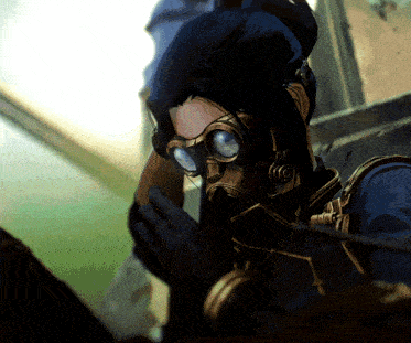 a person wearing a gas mask talking on a phone