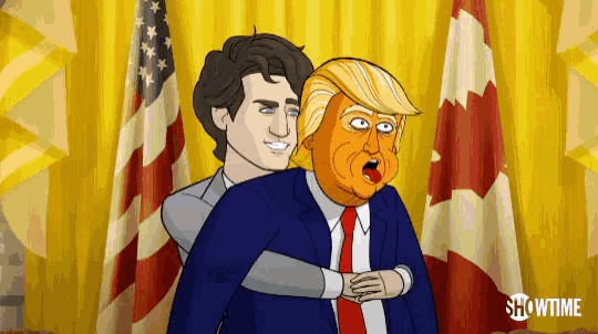 a cartoon of a man hugging donald trump with showtime written on the bottom right