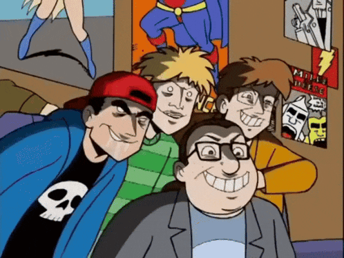 a group of cartoon characters are posing for a picture and one of them has a skull on his t-shirt