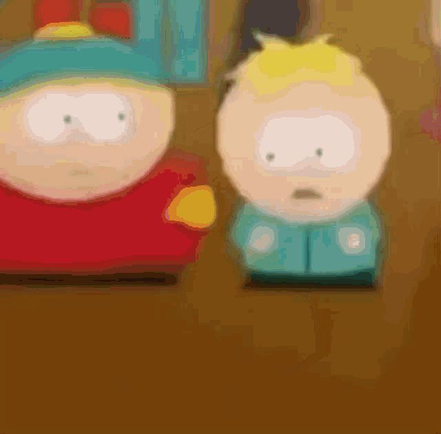 two south park characters , cartman and butters , are standing next to each other on a brown background .