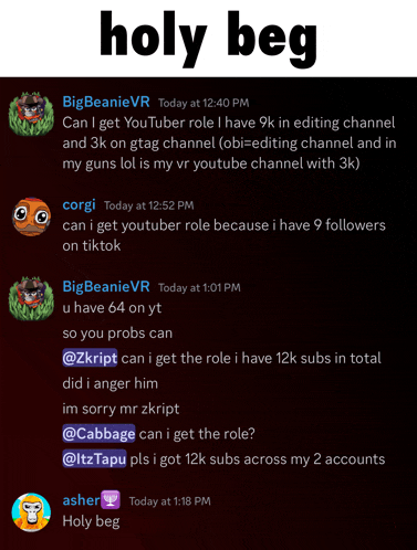 a screenshot of a conversation between big beanievr and corgi