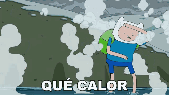 a cartoon character is standing in the water with the words que calor above him