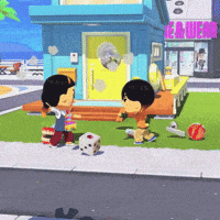 two cartoon characters are playing a game in front of a building that has the word ufos on it