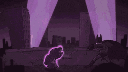 a cartoon squirrel is standing in front of a purple circle with a rainbow coming out of it .