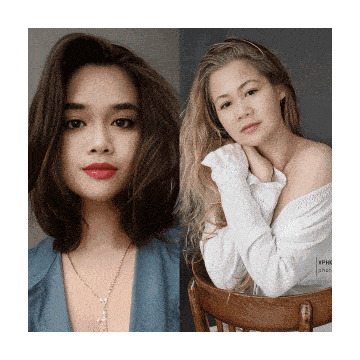 a woman with red lipstick and a woman with blonde hair