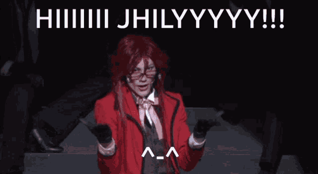 a man in a red jacket is standing with his arms outstretched in front of a sign that says jhilyyyy