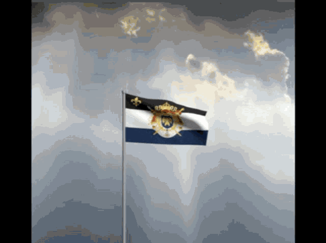 a flag with a coat of arms on it is flying in the wind