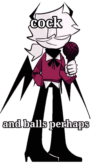 a cartoon character is holding a microphone with the words cock and balls perhaps written on it