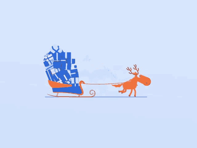 a reindeer pulls a sleigh full of gifts on a blue background