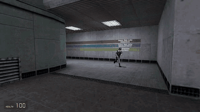 a man in a video game is running towards a screen that says sector c