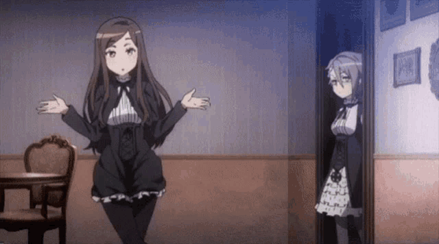 two anime girls are standing in a room with a table and chairs .