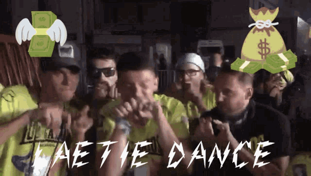 a group of men are dancing in front of a sign that says ' aetie dance ' on it