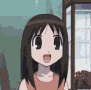 a cartoon girl is standing in front of a glass case with her mouth open .