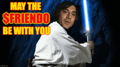 a man is holding a light saber with the words may the $friendo be with you