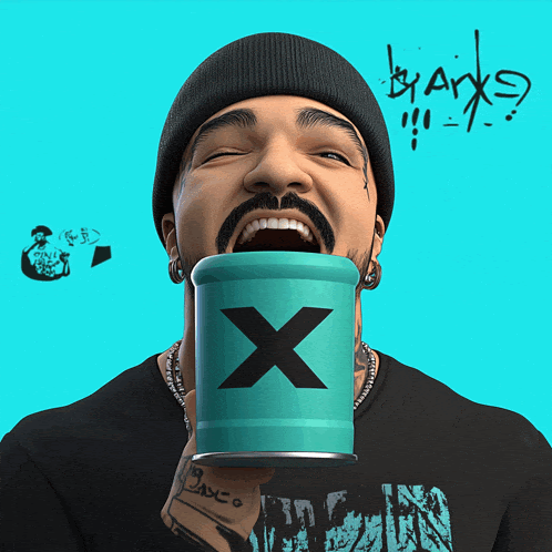 a man with a beard is holding a can with an x on it