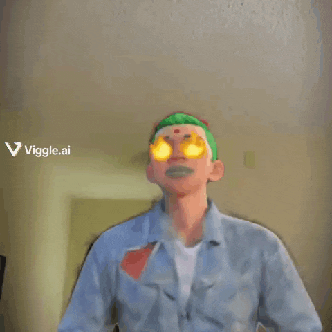 a man with green hair and a red spot on his forehead is wearing a mask that looks like a cartoon character
