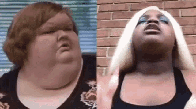 a woman with a very large neck is standing next to a woman with blonde hair .