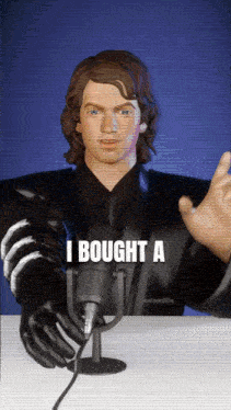 a man standing in front of a microphone with the words " i bought a " on the bottom
