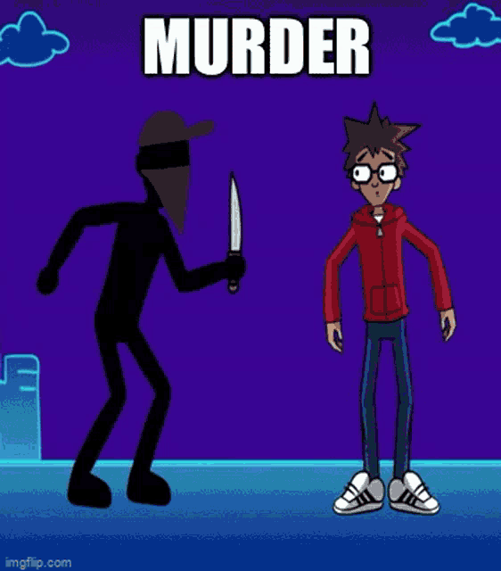 a hand is holding a blue card with a white arrow and the word murder written on it