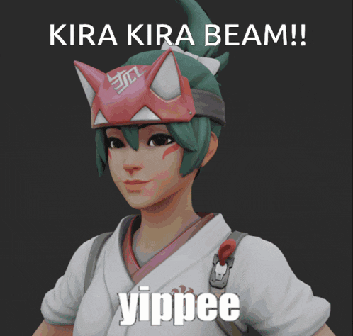 a picture of a girl with the words kira kira beam and yippee