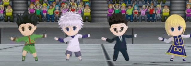 a group of anime characters are dancing in front of a crowd of people