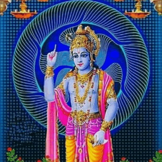 a colorful painting of a deity giving a thumbs up sign