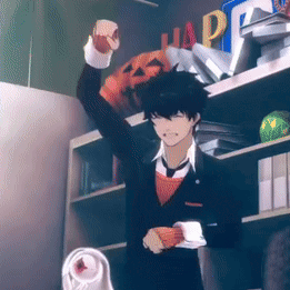 a man in a suit is standing in front of a shelf with the word happy written on it