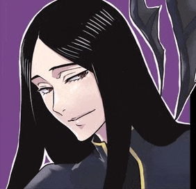 a woman with long black hair is sitting on a purple background .