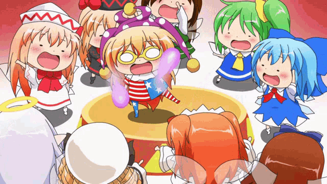 a group of cartoon characters are gathered around a girl in a circus costume