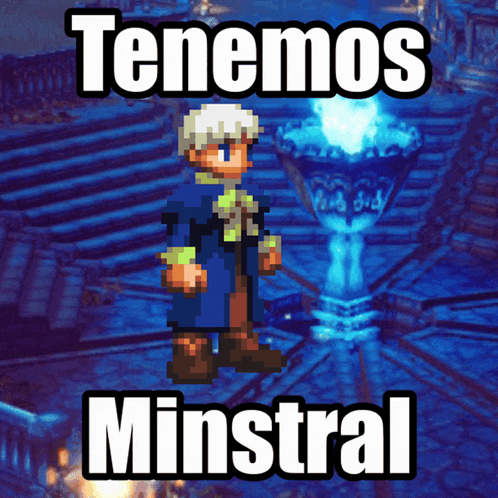 a video game character is standing in front of a fountain with the words tenemos minstral above him