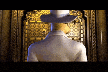 a man in a white top hat is standing in front of a door
