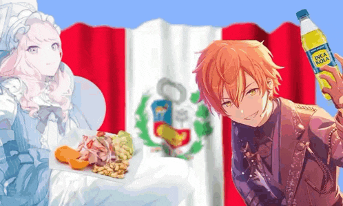 a boy is holding a bottle of inca kola in front of a flag