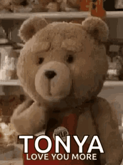 a teddy bear with the words `` tonya love you more '' on it is standing in front of a shelf .