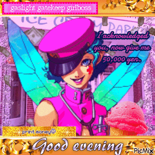 a picture of a girl with wings and an ice cream cone says goodevening