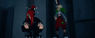 a girl with red hair is kneeling down next to a girl with green hair